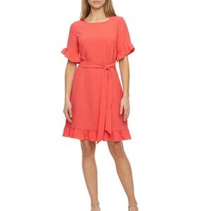 Orange Ruffle Sleeve Belted Dress